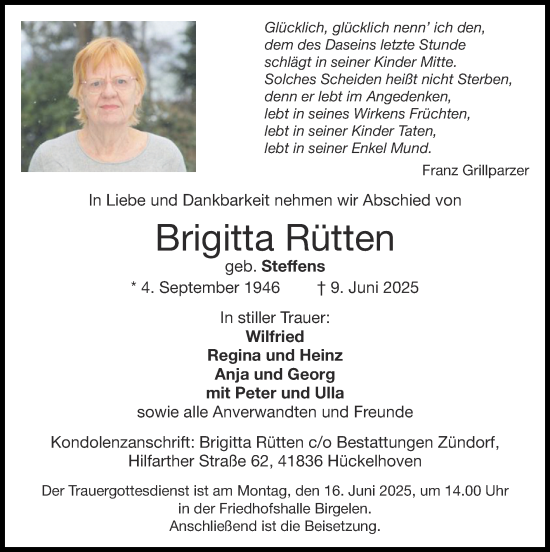 Traueranzeige von Brigitta Rütten von Zeitung am Sonntag