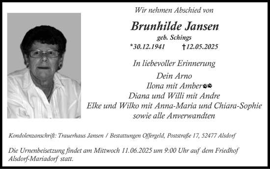 Traueranzeige von Brunhilde Jansen von Zeitung am Sonntag
