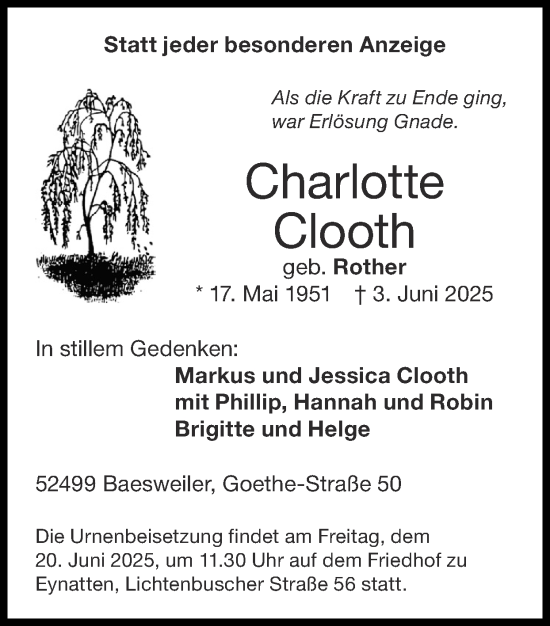 Traueranzeige von Charlotte Clooth von Zeitung am Sonntag