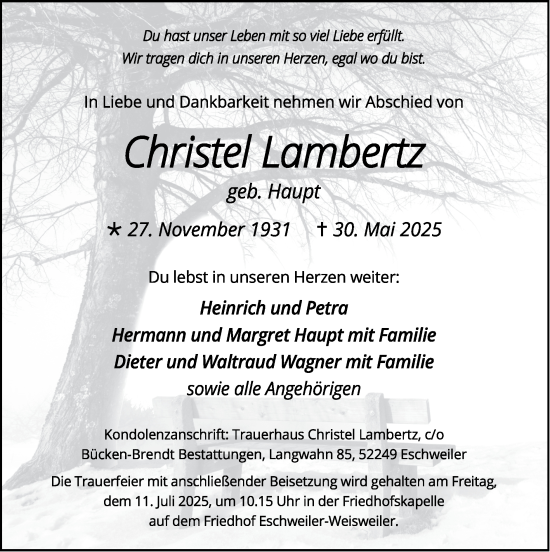 Traueranzeige von Christel Lambertz von Zeitung am Sonntag