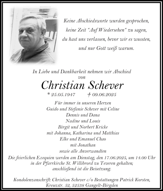 Traueranzeige von Christian Schever von Zeitung am Sonntag