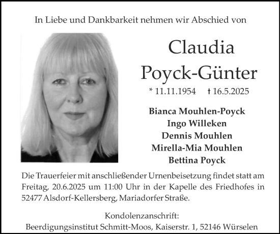 Traueranzeige von Claudia Poyck-Glinter von Zeitung am Sonntag