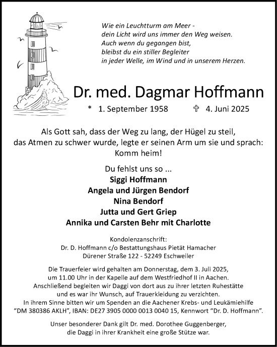 Traueranzeige von Dagmar Hoffmann von Zeitung am Sonntag