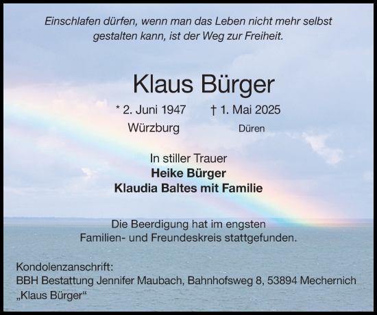 Traueranzeige von Klaus Bürger von Zeitung am Sonntag