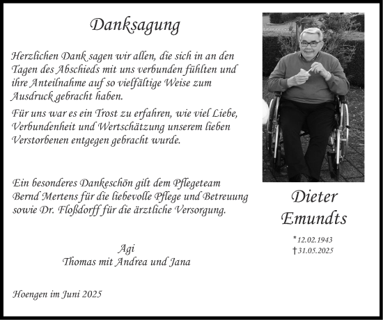 Traueranzeige von Dieter Emundts von Zeitung am Sonntag