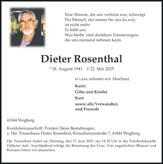 Traueranzeige von Dieter Rosenthal von Zeitung am Sonntag