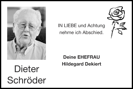 Traueranzeige von Dieter Schröder von Zeitung am Sonntag