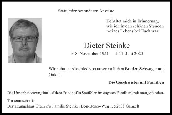 Traueranzeige von Dieter Steinke von Zeitung am Sonntag