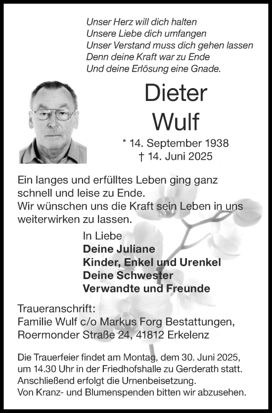 Traueranzeige von Dieter Wulf von Zeitung am Sonntag