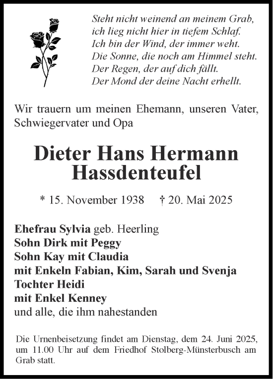 Traueranzeige von Dieter Hans Hermann Hassdenteufel von Zeitung am Sonntag