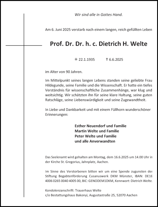 Traueranzeige von Dietrich Welte von Aachener Zeitung