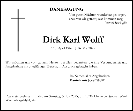 Traueranzeige von Dirk Karl Wolff von Zeitung am Sonntag