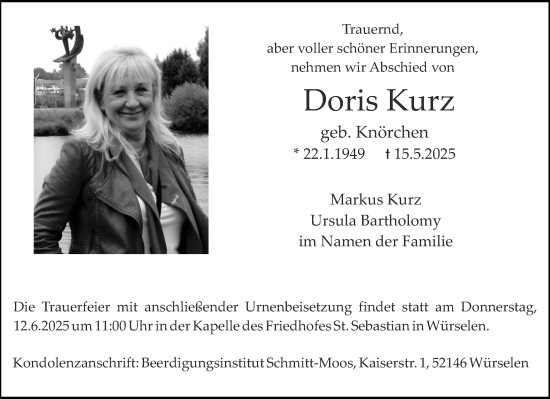 Traueranzeige von Doris Kurz von Aachener Zeitung