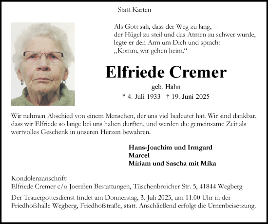 Traueranzeige von Elfriede Cremer von Zeitung am Sonntag