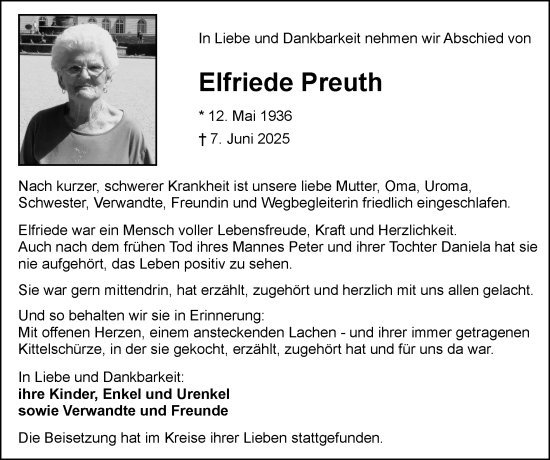 Traueranzeige von Elfriede Preuth von Zeitung am Sonntag