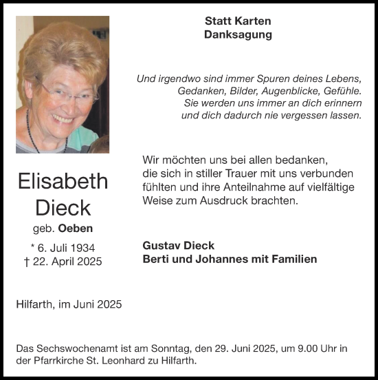 Traueranzeige von Elisabeth Dieck von Zeitung am Sonntag
