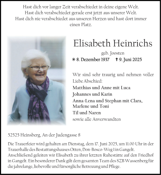 Traueranzeige von Elisabeth Heinrichs von Zeitung am Sonntag
