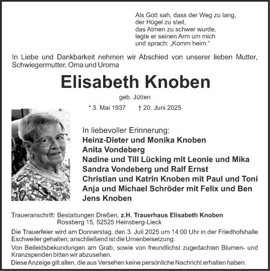 Traueranzeige von Elisabeth Knoben von Zeitung am Sonntag