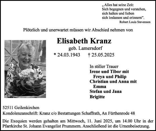 Traueranzeige von Elisabeth Kranz von Zeitung am Sonntag