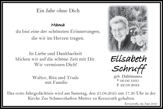 Traueranzeige von Elisabeth Schruff von Zeitung am Sonntag
