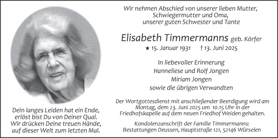Traueranzeige von Elisabeth Timmermanns von Zeitung am Sonntag