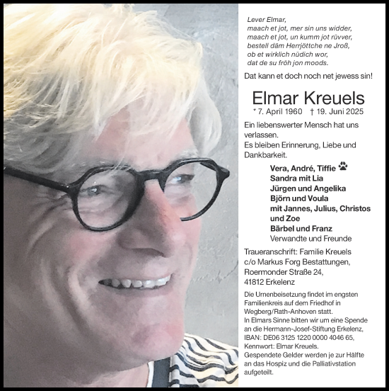 Traueranzeige von Elmar Kreuels von Zeitung am Sonntag