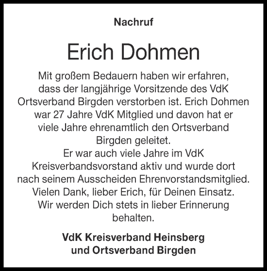 Traueranzeige von Erich Dohmen von Zeitung am Sonntag