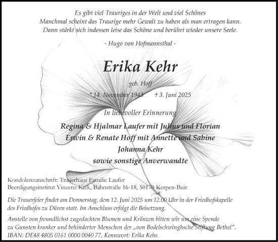 Traueranzeige von Erika Kehr von Aachener Zeitung