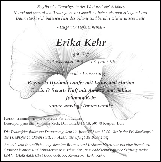 Traueranzeige von Erika Kehr von Zeitung am Sonntag