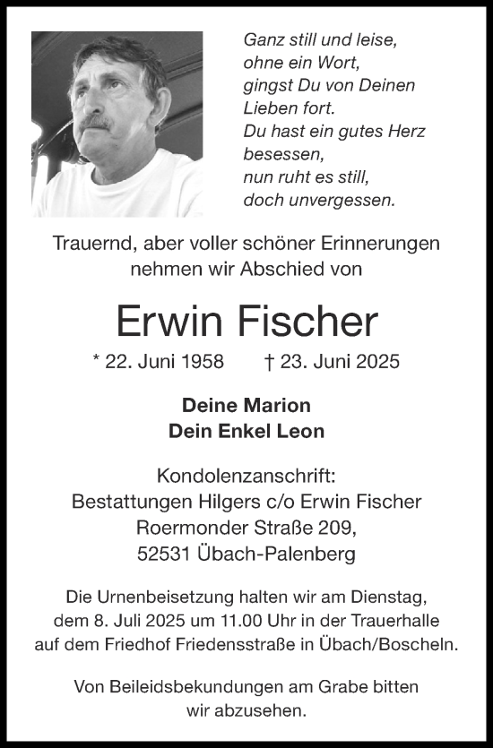 Traueranzeige von Erwin Fischer von Zeitung am Sonntag