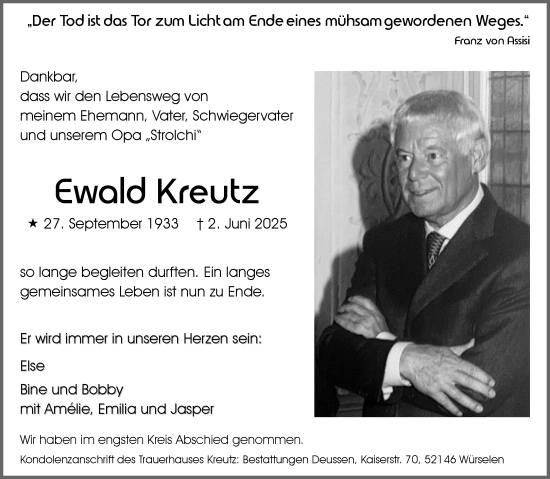 Traueranzeige von Ewald Kreutz von Aachener Zeitung