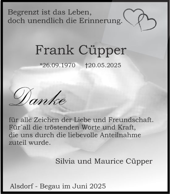Traueranzeige von Frank Cüpper von Zeitung am Sonntag