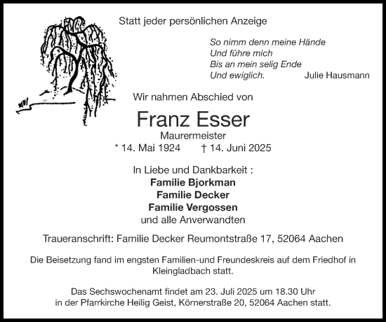 Traueranzeige von Franz Esser von Zeitung am Sonntag