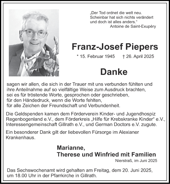 Traueranzeige von Franz-Josef Piepers von Zeitung am Sonntag