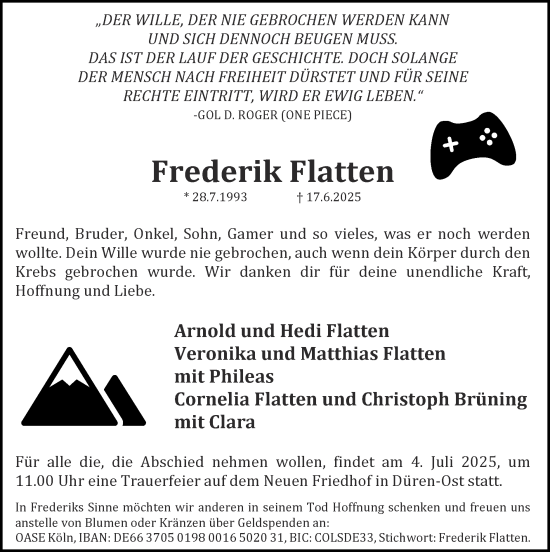 Traueranzeige von Frederik Flatten von Zeitung am Sonntag