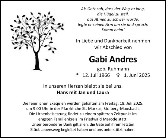 Traueranzeige von Gabi Andres von Zeitung am Sonntag