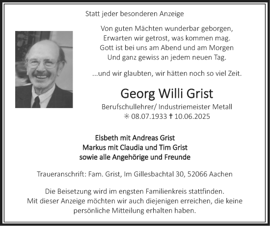 Traueranzeige von Georg Willi Grist von Zeitung am Sonntag