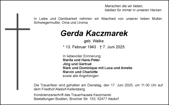 Traueranzeige von Gerda Kaczmarek von Zeitung am Sonntag