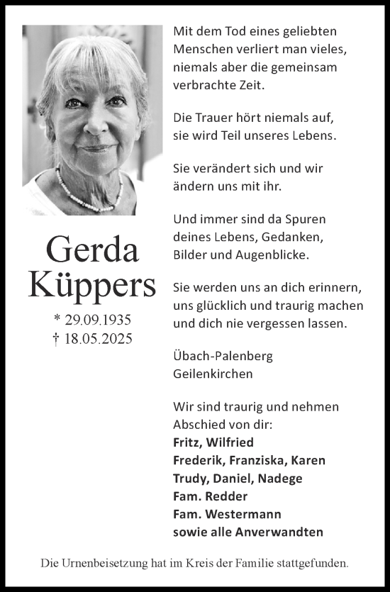 Traueranzeige von Gerda Küppers von Zeitung am Sonntag