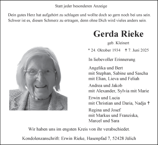 Traueranzeige von Gerda Rieke von Zeitung am Sonntag