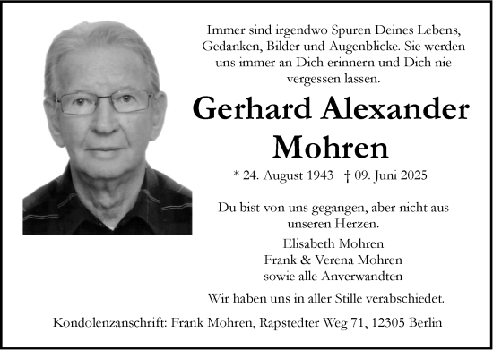 Traueranzeige von Gerhard Alexander Mohren von Zeitung am Sonntag
