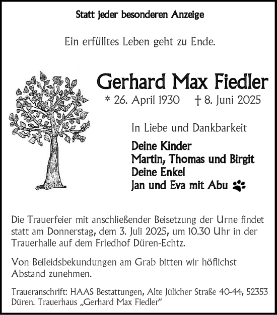 Traueranzeige von Gerhard Max Fiedler von Zeitung am Sonntag