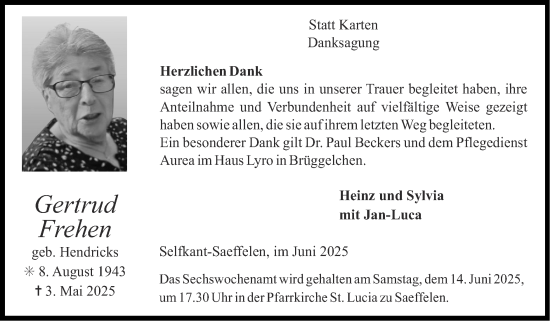 Traueranzeige von Gertrud Frehen von Zeitung am Sonntag