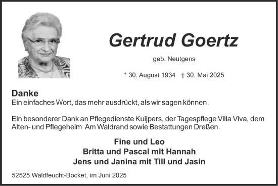 Traueranzeige von Gertrud Goertz von Zeitung am Sonntag