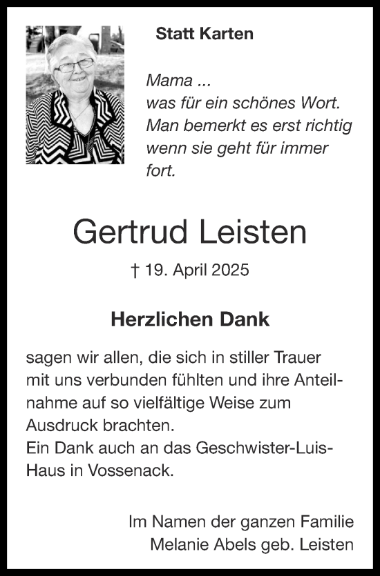 Traueranzeige von Gertrud Leisten von Zeitung am Sonntag