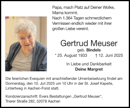Traueranzeige von Gertrud Meuser von Zeitung am Sonntag