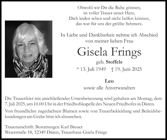 Traueranzeige von Gisela Frings von Zeitung am Sonntag