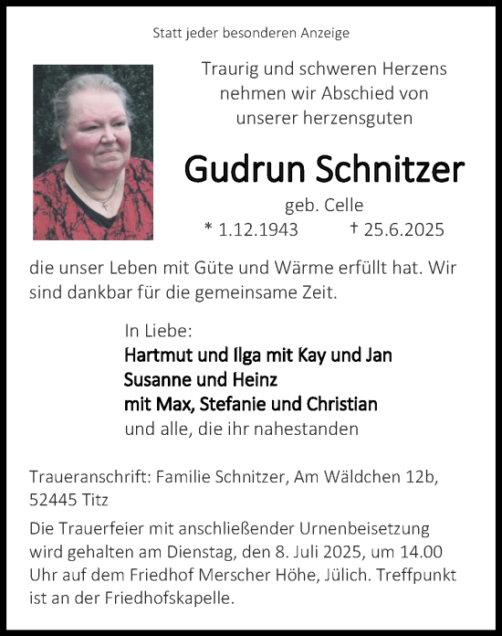 Traueranzeige von Gudrun Schnitzer von Zeitung am Sonntag