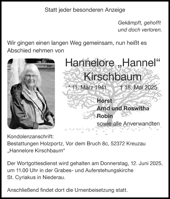 Traueranzeige von Hannelore Kirschbaum von Zeitung am Sonntag