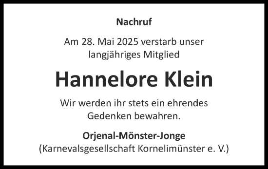 Traueranzeige von Hannelore Klein von Zeitung am Sonntag